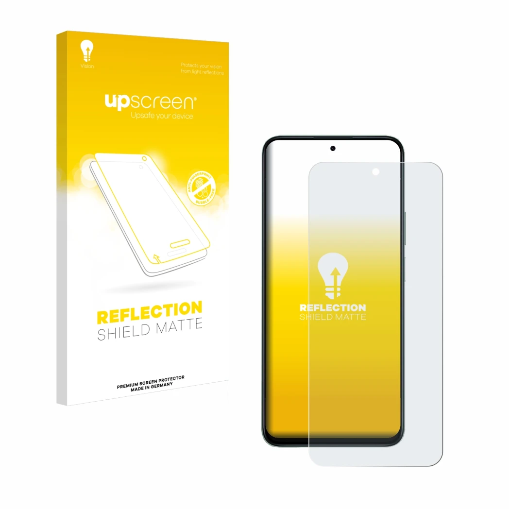 Parte frontal de un envase de producto con el logotipo de la marca upscreen. Al lado se muestra el dispositivo Honor 200 Smart