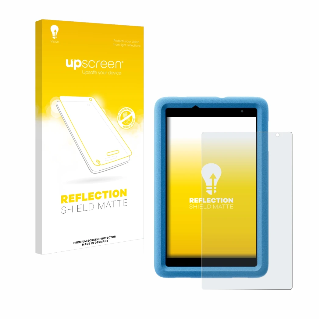 Parte frontal de un envase de producto con el logotipo de la marca upscreen. Al lado se muestra el dispositivo Blackview Tab A