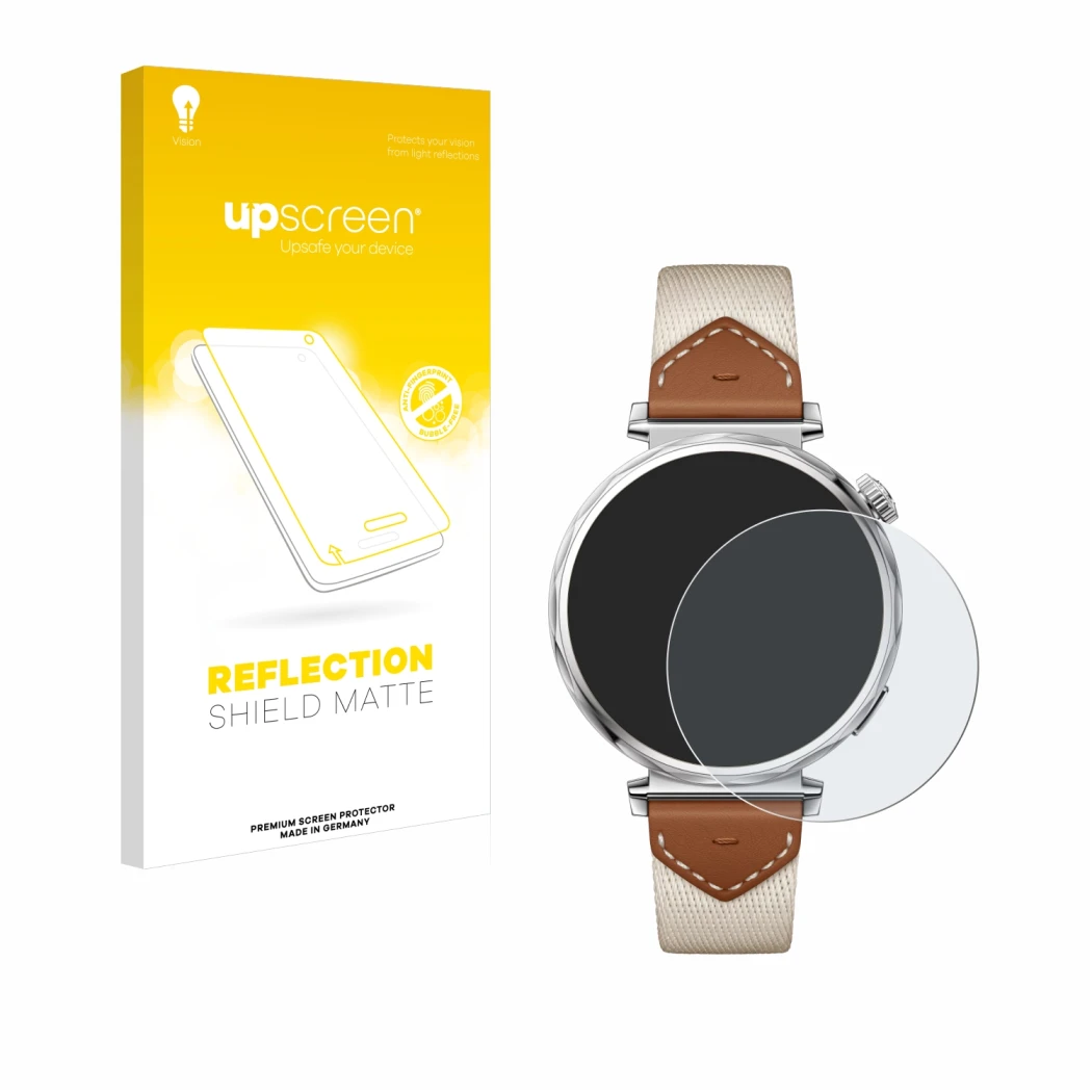 Parte frontal de un envase de producto con el logotipo de la marca upscreen. Al lado se muestra el dispositivo Huawei Watch GT