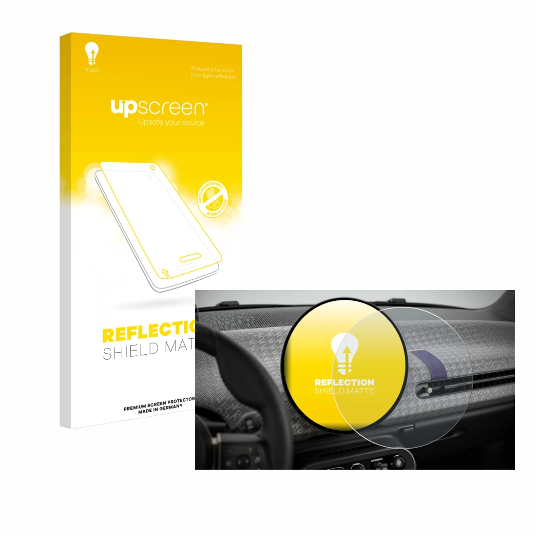 Parte frontal de un envase de producto con el logotipo de la marca upscreen. Al lado se muestra el dispositivo Mini Cooper Ele