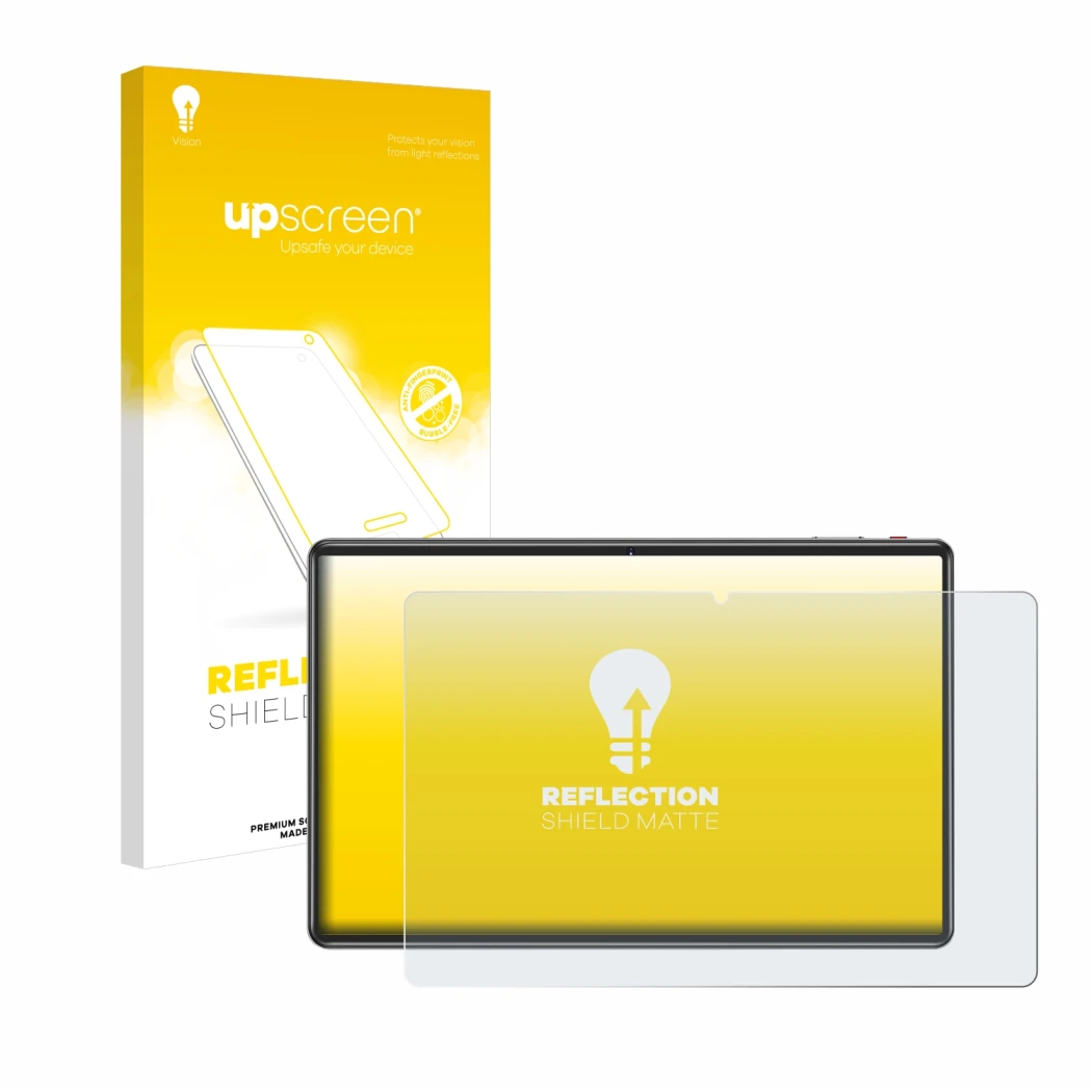 Parte frontal de un envase de producto con el logotipo de la marca upscreen. Al lado se muestra el dispositivo Facetel Q7 11