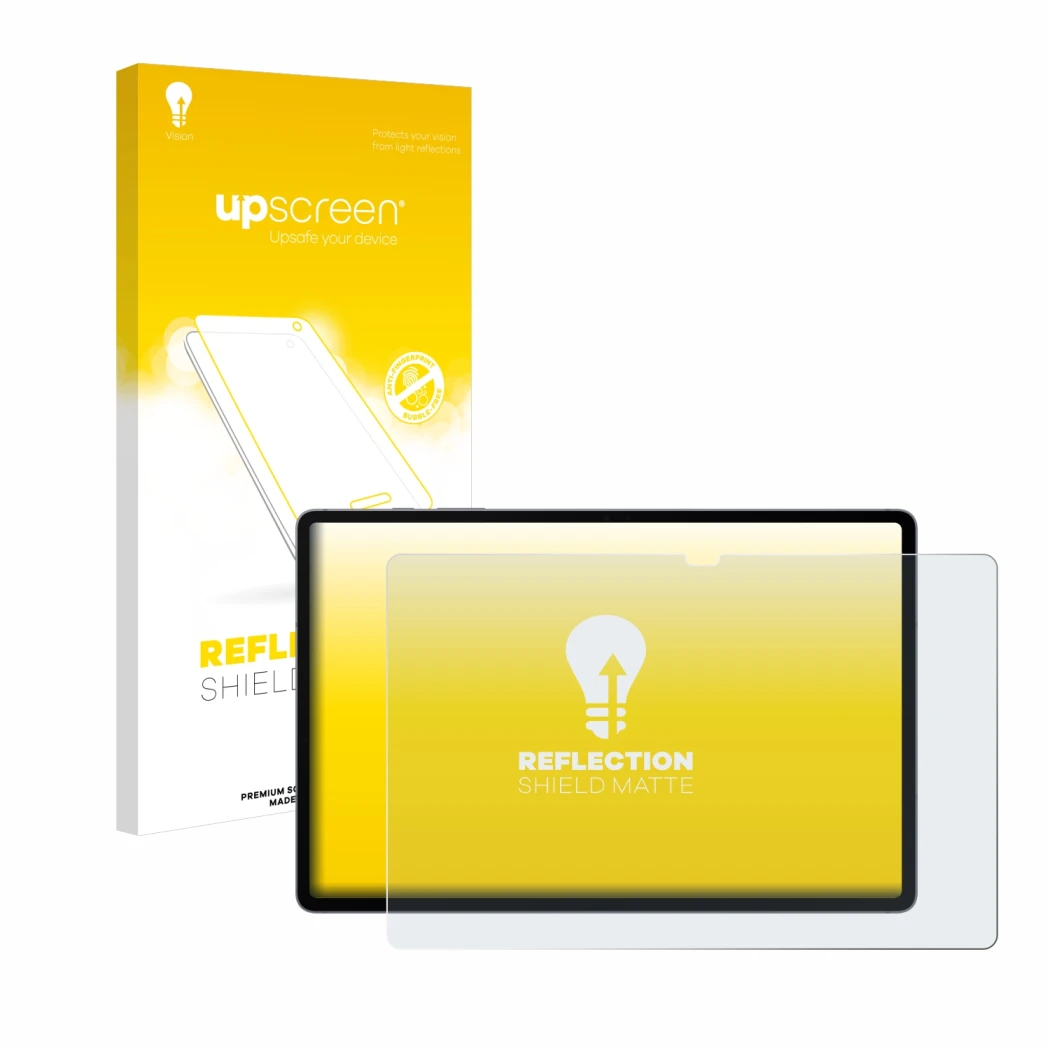 Parte frontal de un envase de producto con el logotipo de la marca upscreen. Al lado se muestra el dispositivo Samsung Galaxy 