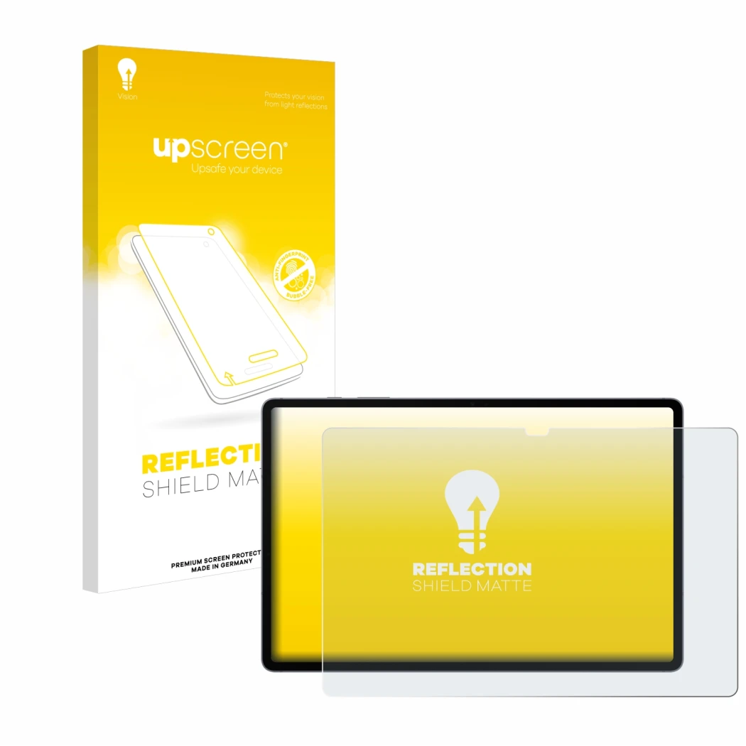 Parte frontal de un envase de producto con el logotipo de la marca upscreen. Al lado se muestra el dispositivo Samsung Galaxy