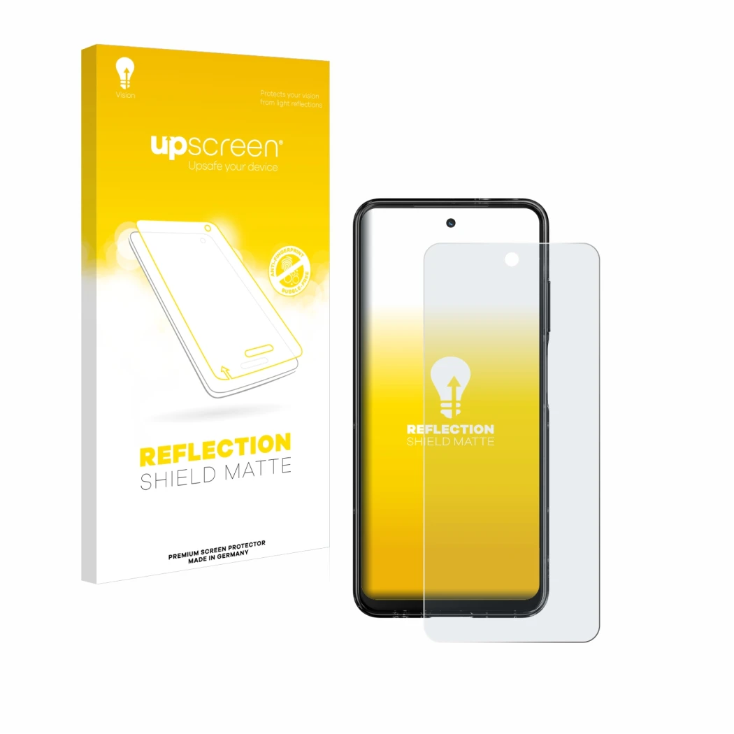 Parte frontal de un envase de producto con el logotipo de la marca upscreen. Al lado se muestra el dispositivo HMD Fusion con