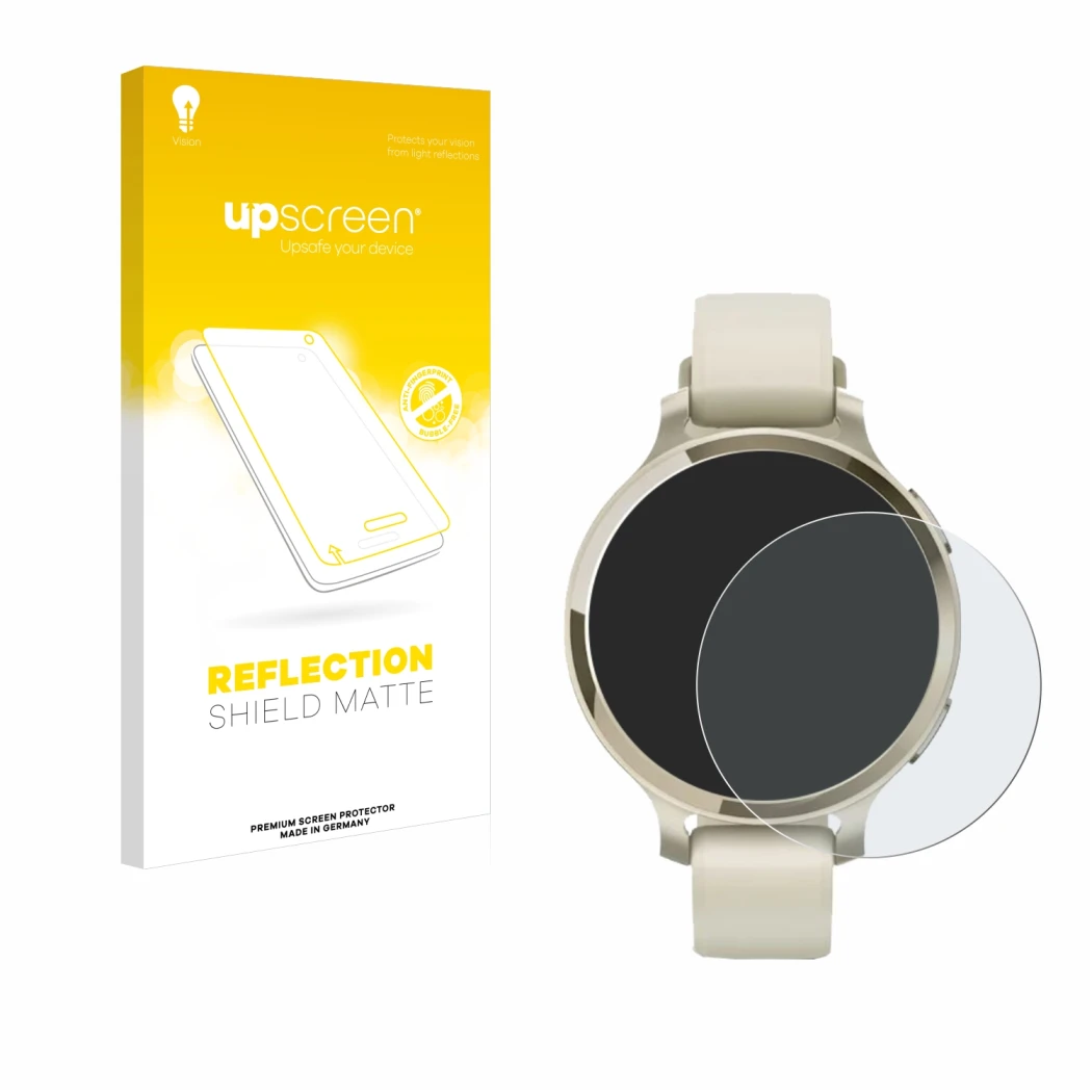 Parte frontal de un envase de producto con el logotipo de la marca upscreen. Al lado se muestra el dispositivo Garmin Lily 2 A