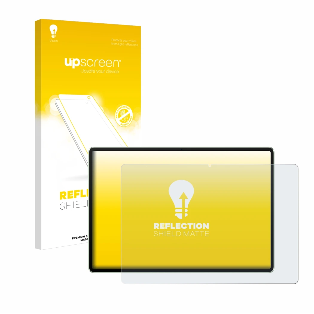 Parte frontal de un envase de producto con el logotipo de la marca upscreen. Al lado se muestra el dispositivo Huawei MatePad 