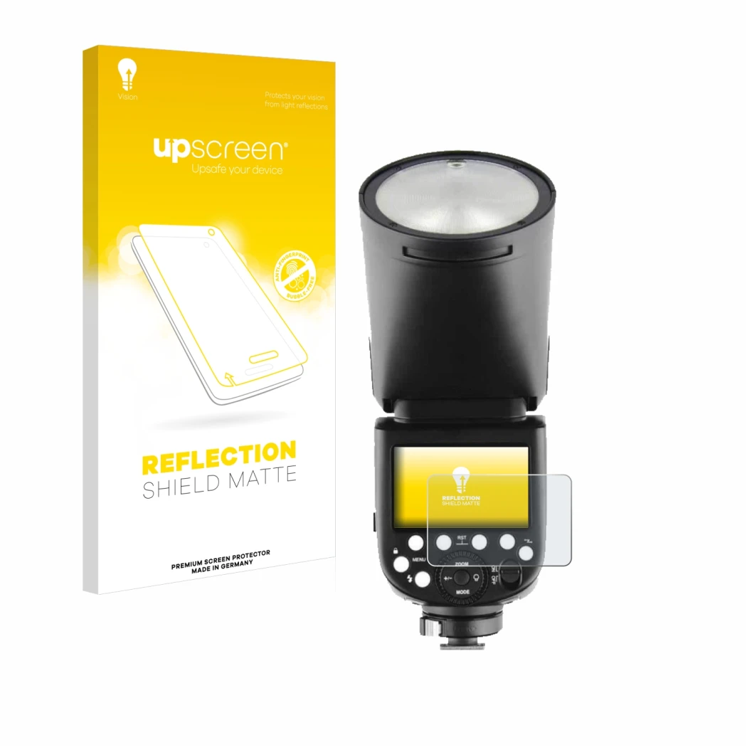 Parte frontal de un envase de producto con el logotipo de la marca upscreen. Al lado se muestra el dispositivo Godox TT685 II