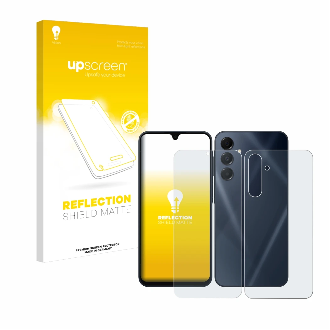 Parte frontal de un envase de producto con el logotipo de la marca upscreen. Al lado se muestra el dispositivo Samsung Galaxy