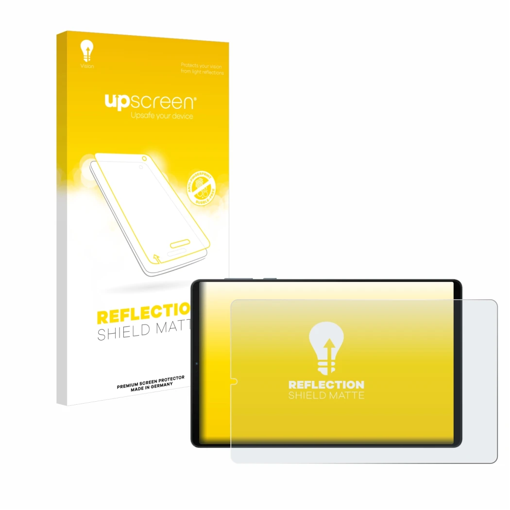 Parte frontal de un envase de producto con el logotipo de la marca upscreen. Al lado se muestra el dispositivo Lenovo Legion Y