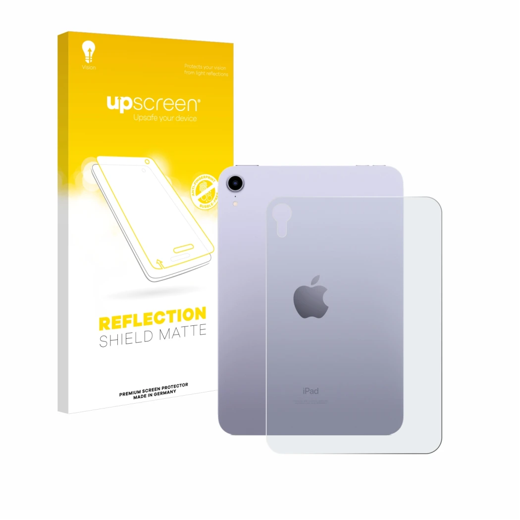 Parte frontal de un envase de producto con el logotipo de la marca upscreen. Al lado se muestra el dispositivo Apple iPad Mini