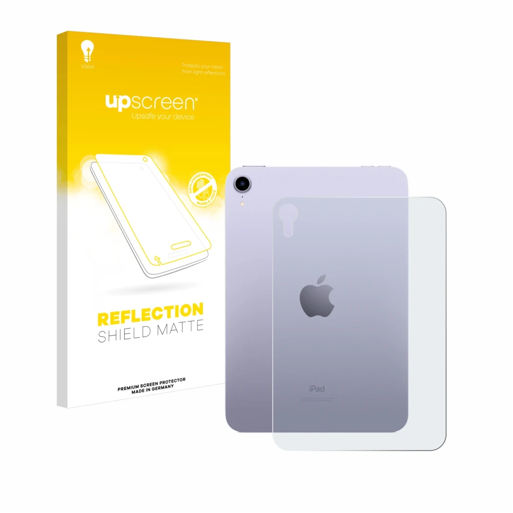 Parte frontal de un envase de producto con el logotipo de la marca upscreen. Al lado se muestra el dispositivo Apple iPad Mini