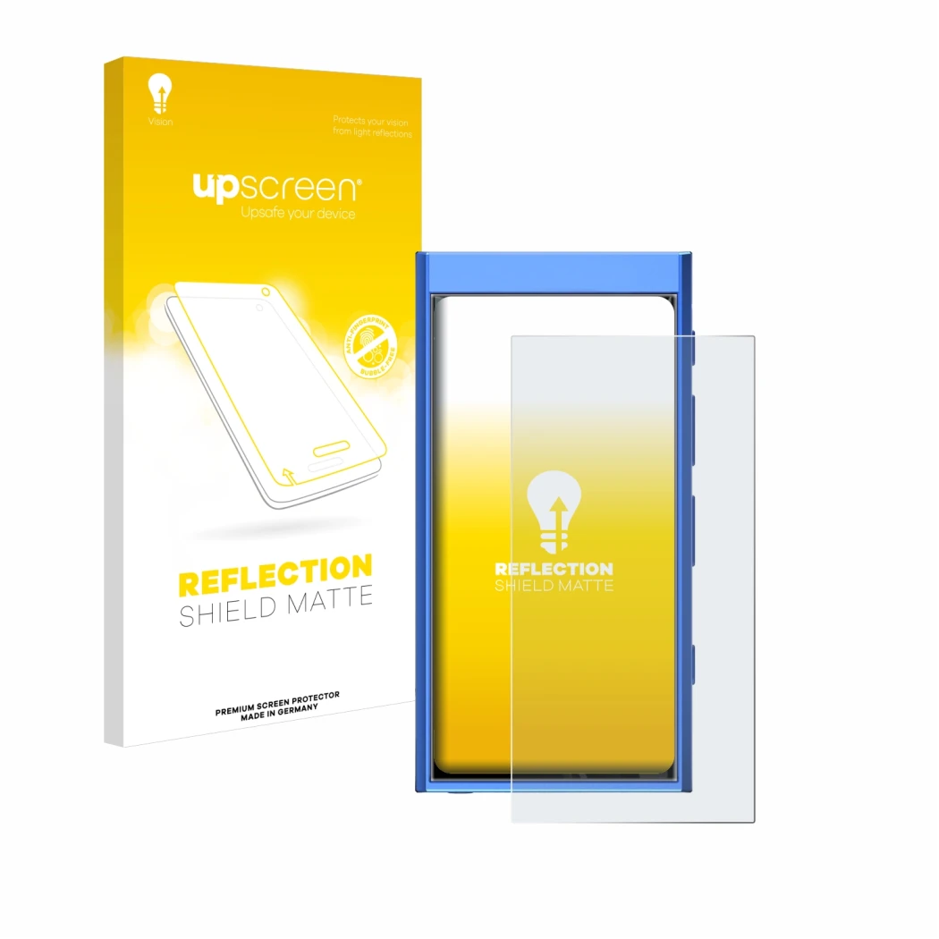 Parte frontal de un envase de producto con el logotipo de la marca upscreen. Al lado se muestra el dispositivo Hiby Digital M3