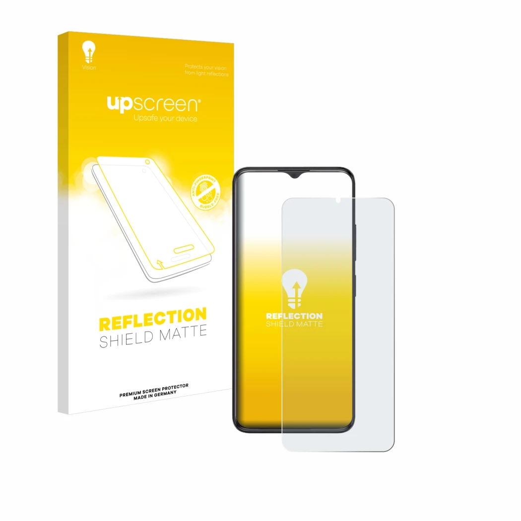 Parte frontal de un envase de producto con el logotipo de la marca upscreen. Al lado se muestra el dispositivo ZTE Blade A34 c
