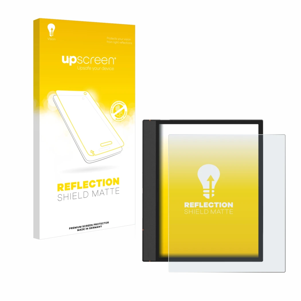 Parte frontal de un envase de producto con el logotipo de la marca upscreen. Al lado se muestra el dispositivo Boox Note Air 4