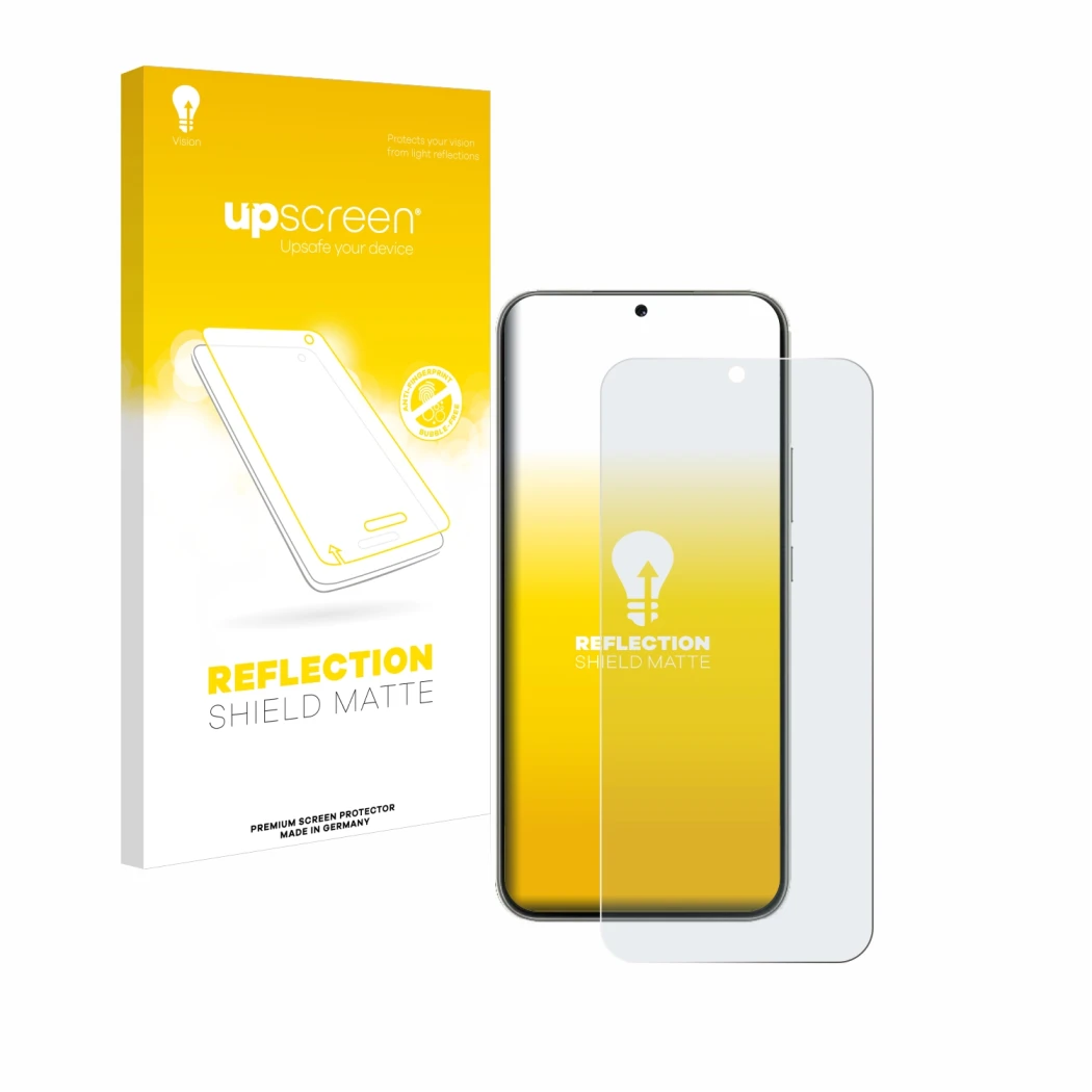 Parte frontal de un envase de producto con el logotipo de la marca upscreen. Al lado se muestra el dispositivo Huawei Nova 13 
