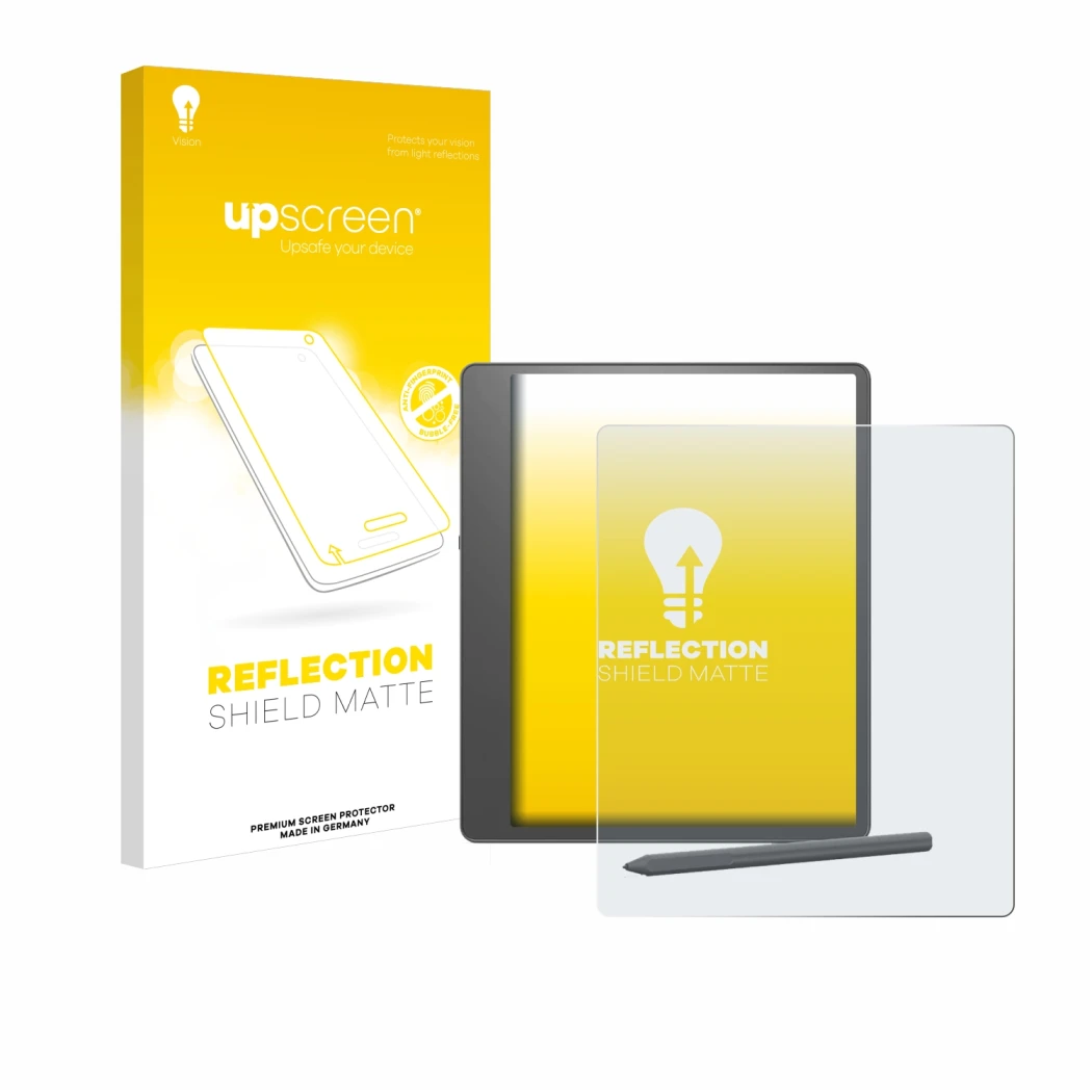 Parte frontal de un envase de producto con el logotipo de la marca upscreen. Al lado se muestra el dispositivo Amazon Kindle S