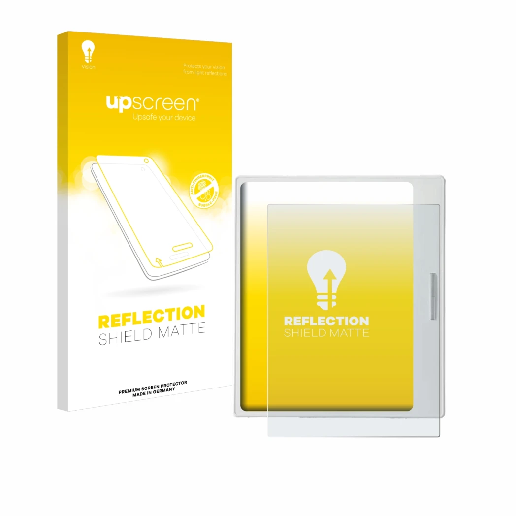 Parte frontal de un envase de producto con el logotipo de la marca upscreen. Al lado se muestra el dispositivo Boox Go Color 7