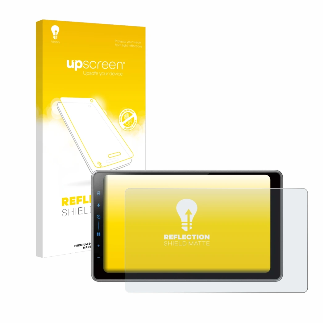 Parte frontal de un envase de producto con el logotipo de la marca upscreen. Al lado se muestra el dispositivo Pioneer SPH-DA9