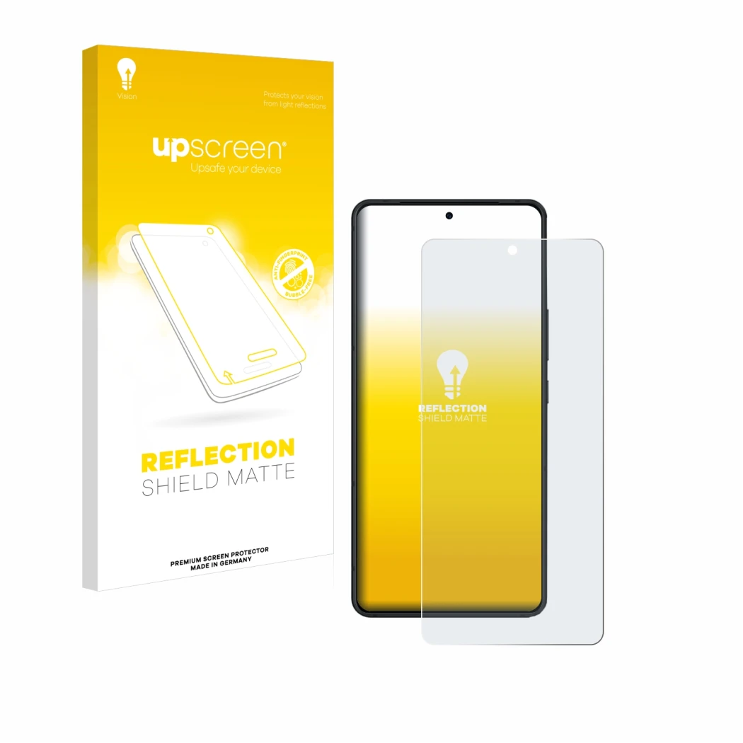 Parte frontal de un envase de producto con el logotipo de la marca upscreen. Al lado se muestra el dispositivo ASUS ROG Phone