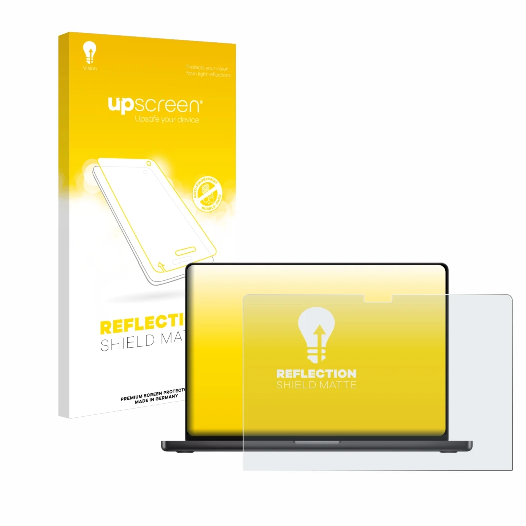 Parte frontal de un envase de producto con el logotipo de la marca upscreen. Al lado se muestra el dispositivo Apple MacBook P