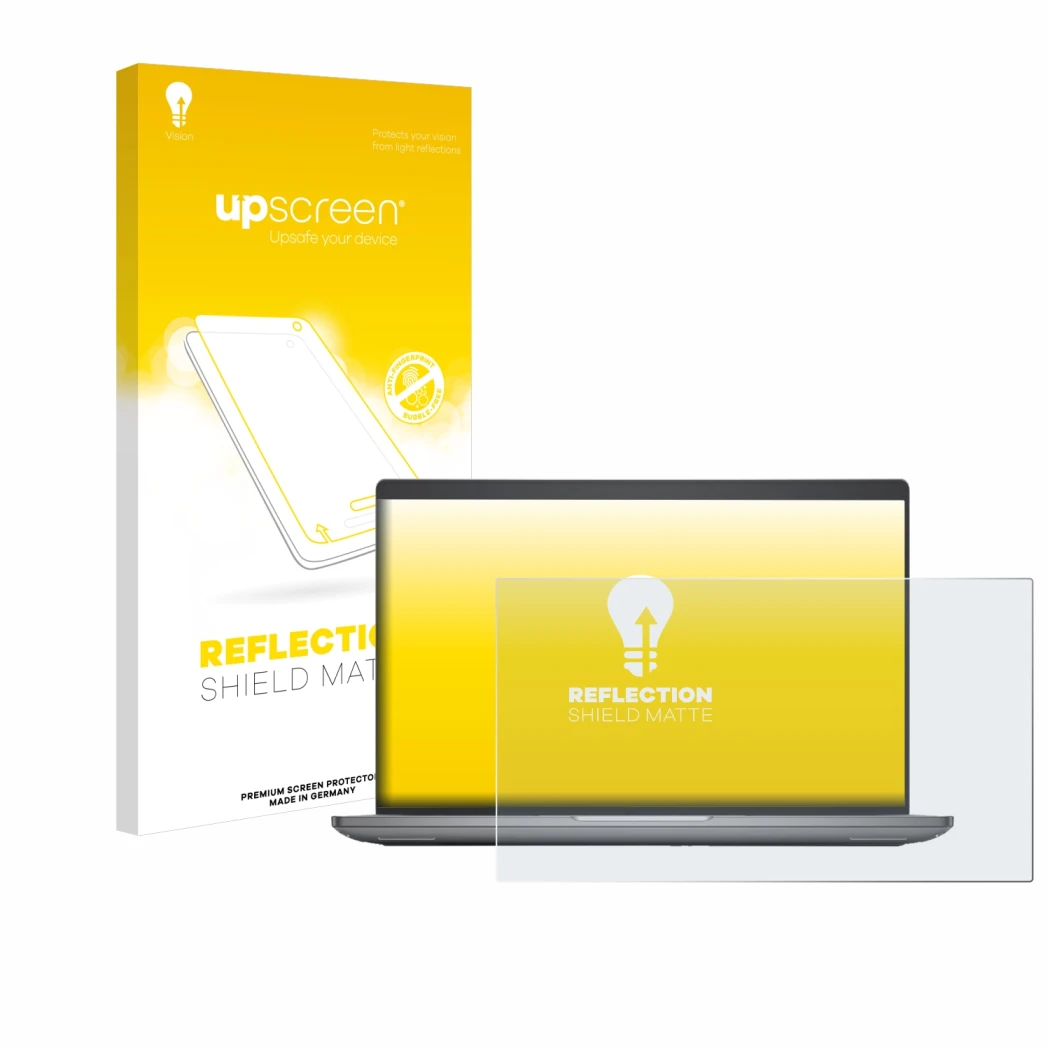 Parte frontal de un envase de producto con el logotipo de la marca upscreen. Al lado se muestra el dispositivo Dell Precision