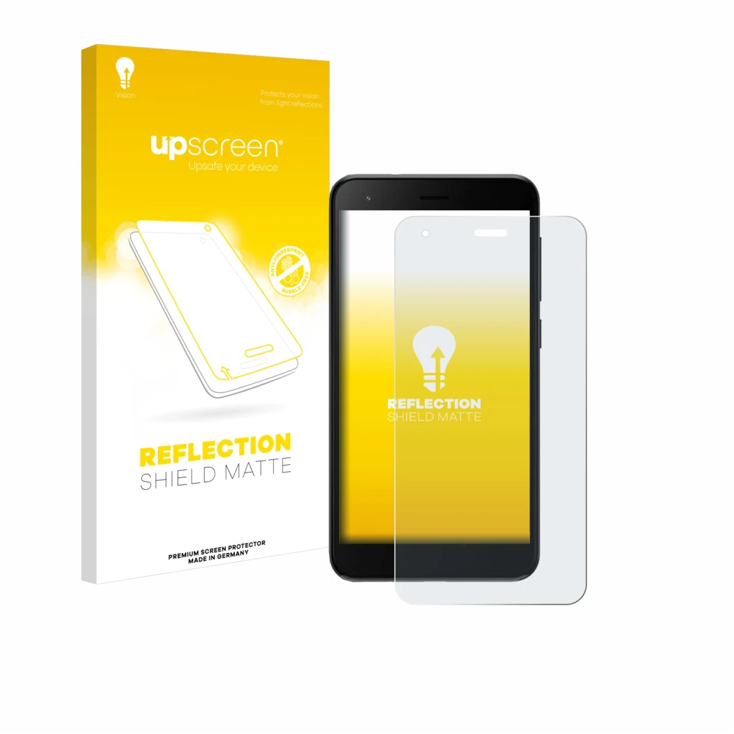Parte frontal de un envase de producto con el logotipo de la marca upscreen. Al lado se muestra el dispositivo ZTE Blade A35 l