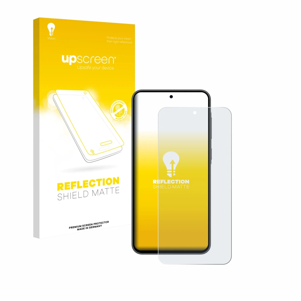 Parte frontal de un envase de producto con el logotipo de la marca upscreen. Al lado se muestra el dispositivo Samsung Galaxy 