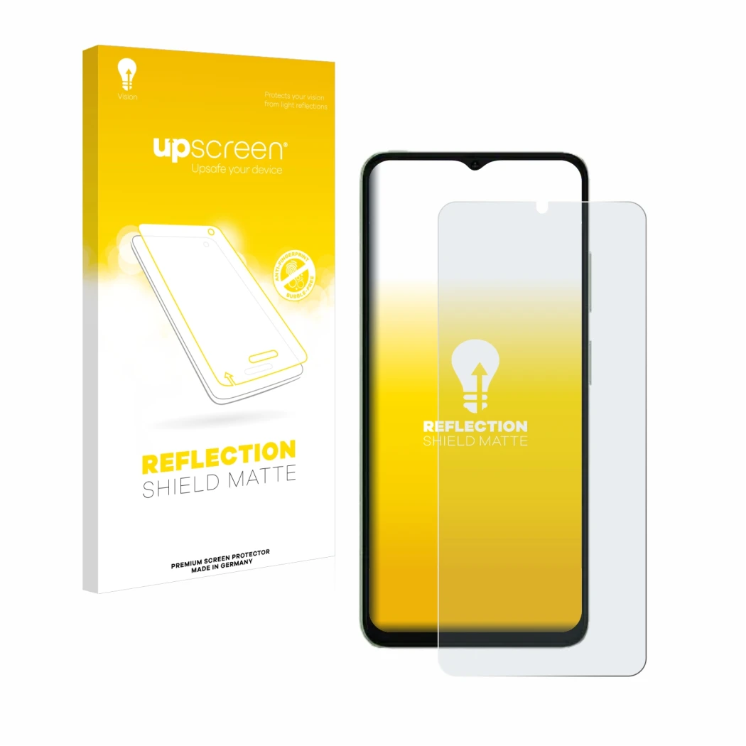 Parte frontal de un envase de producto con el logotipo de la marca upscreen. Al lado se muestra el dispositivo Ulefone Note 19