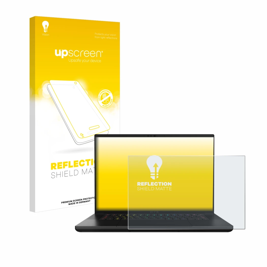 Parte frontal de un envase de producto con el logotipo de la marca upscreen. Al lado se muestra el dispositivo Razer Blade 16