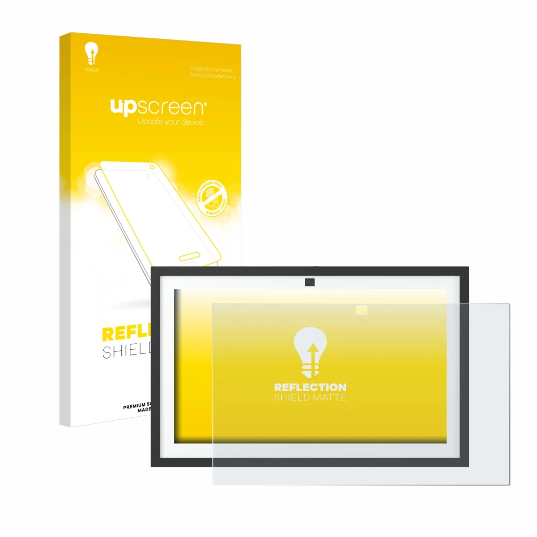 Parte frontal de un envase de producto con el logotipo de la marca upscreen. Al lado se muestra el dispositivo Amazon Echo Sho