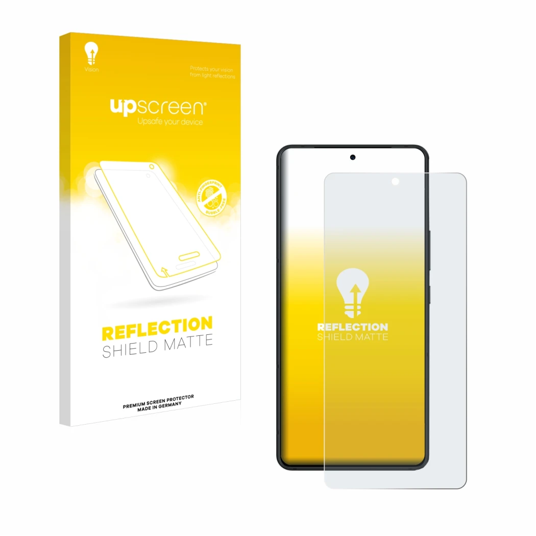Parte frontal de un envase de producto con el logotipo de la marca upscreen. Al lado se muestra el dispositivo ASUS ROG Phone