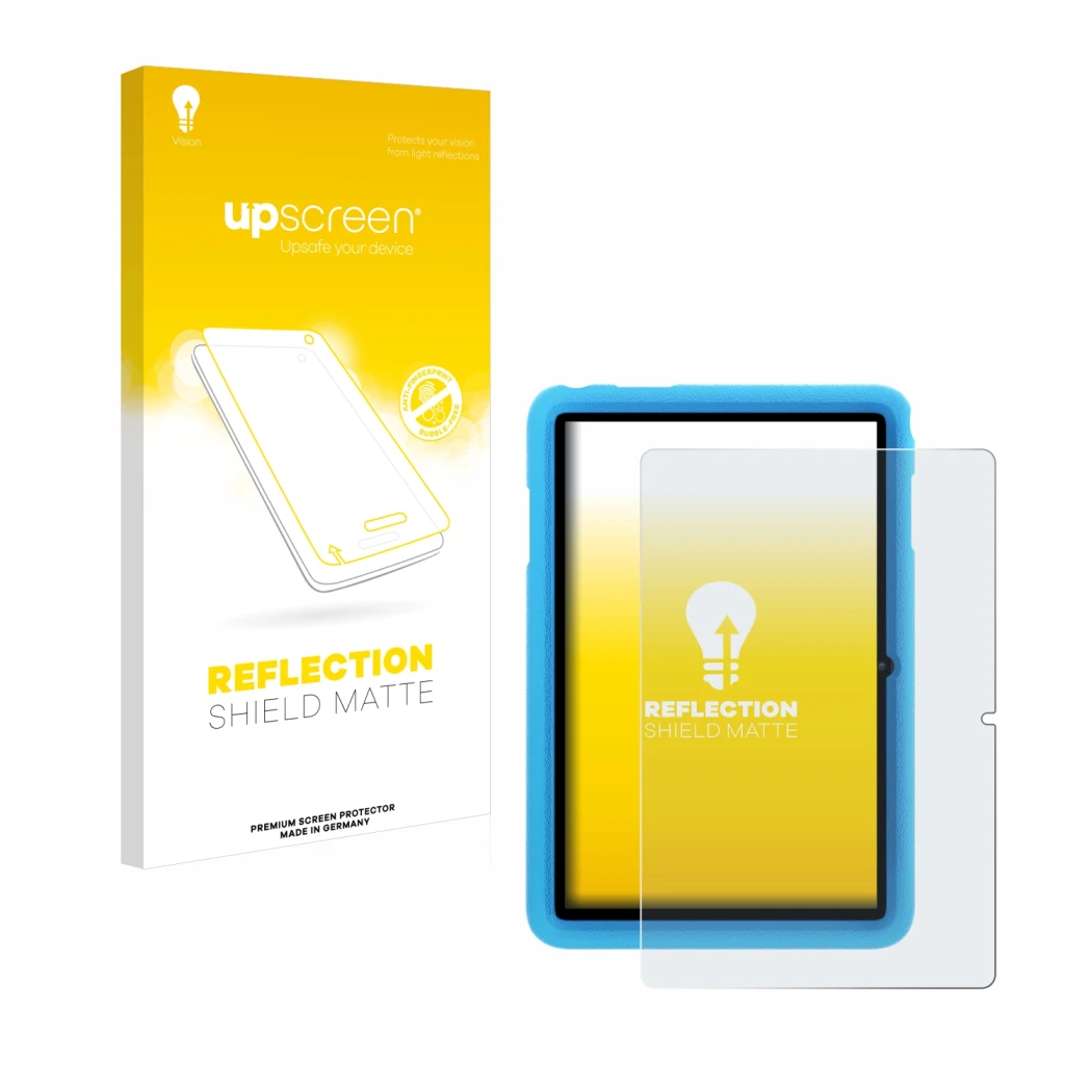 Parte frontal de un envase de producto con el logotipo de la marca upscreen. Al lado se muestra el dispositivo Blackview Tab 8