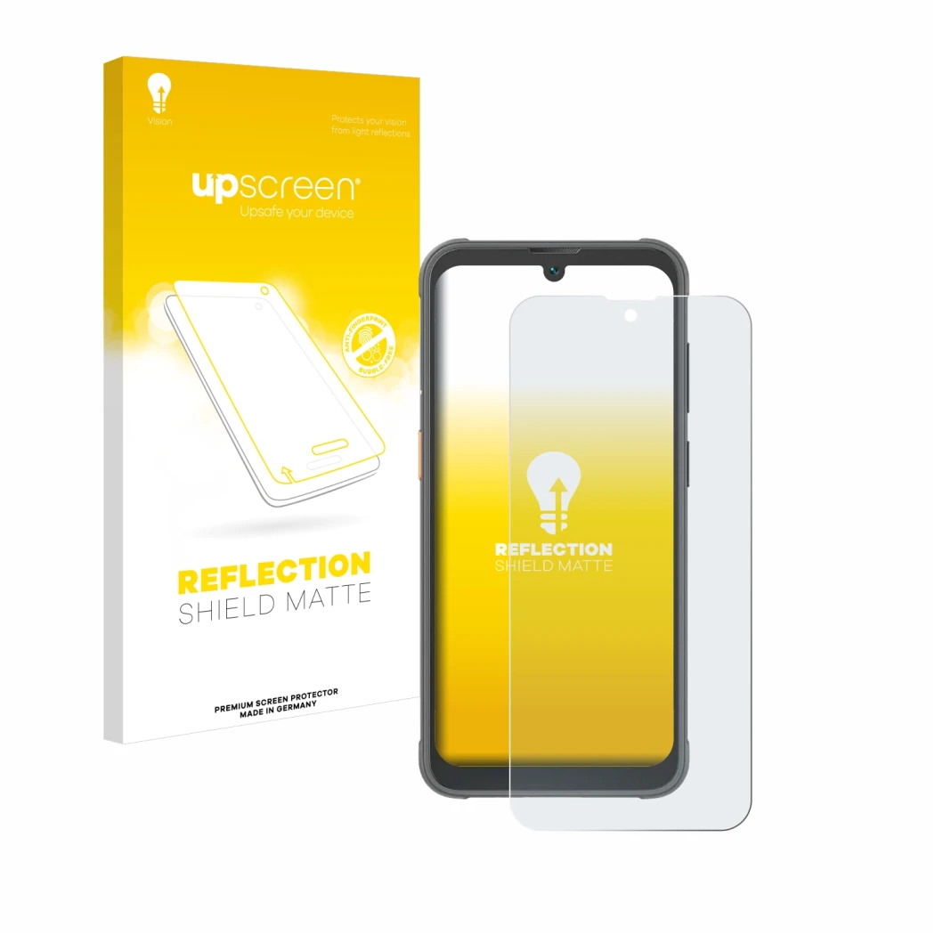 Parte frontal de un envase de producto con el logotipo de la marca upscreen. Al lado se muestra el dispositivo Blackview BV520
