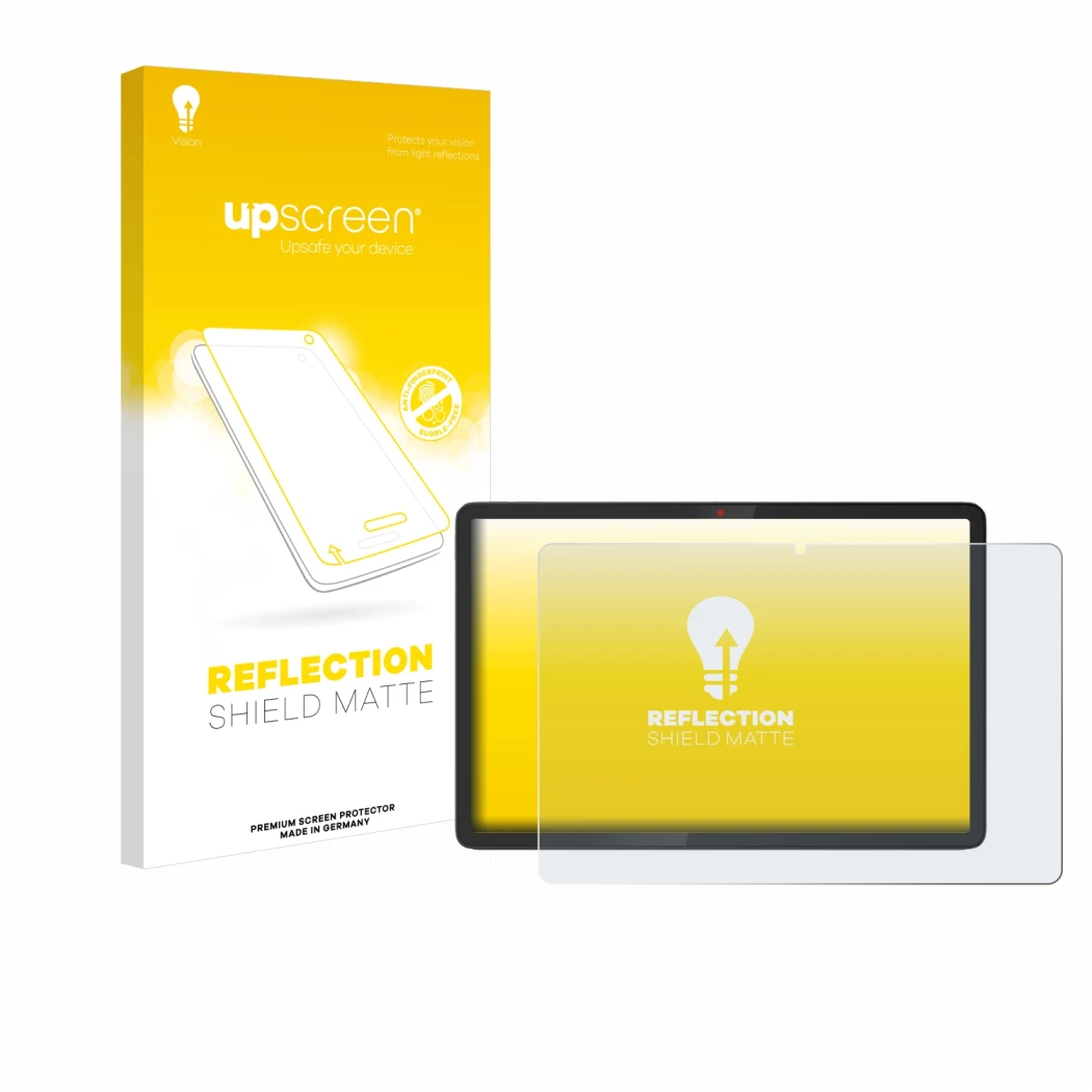 Parte frontal de un envase de producto con el logotipo de la marca upscreen. Al lado se muestra el dispositivo Lenovo Chromebo