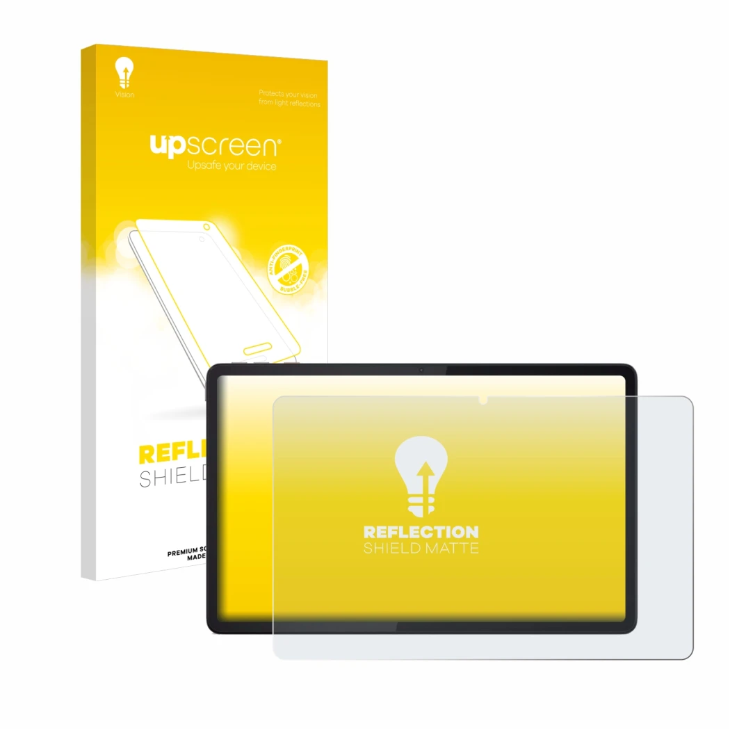 Parte frontal de un envase de producto con el logotipo de la marca upscreen. Al lado se muestra el dispositivo Lenovo Tab K11