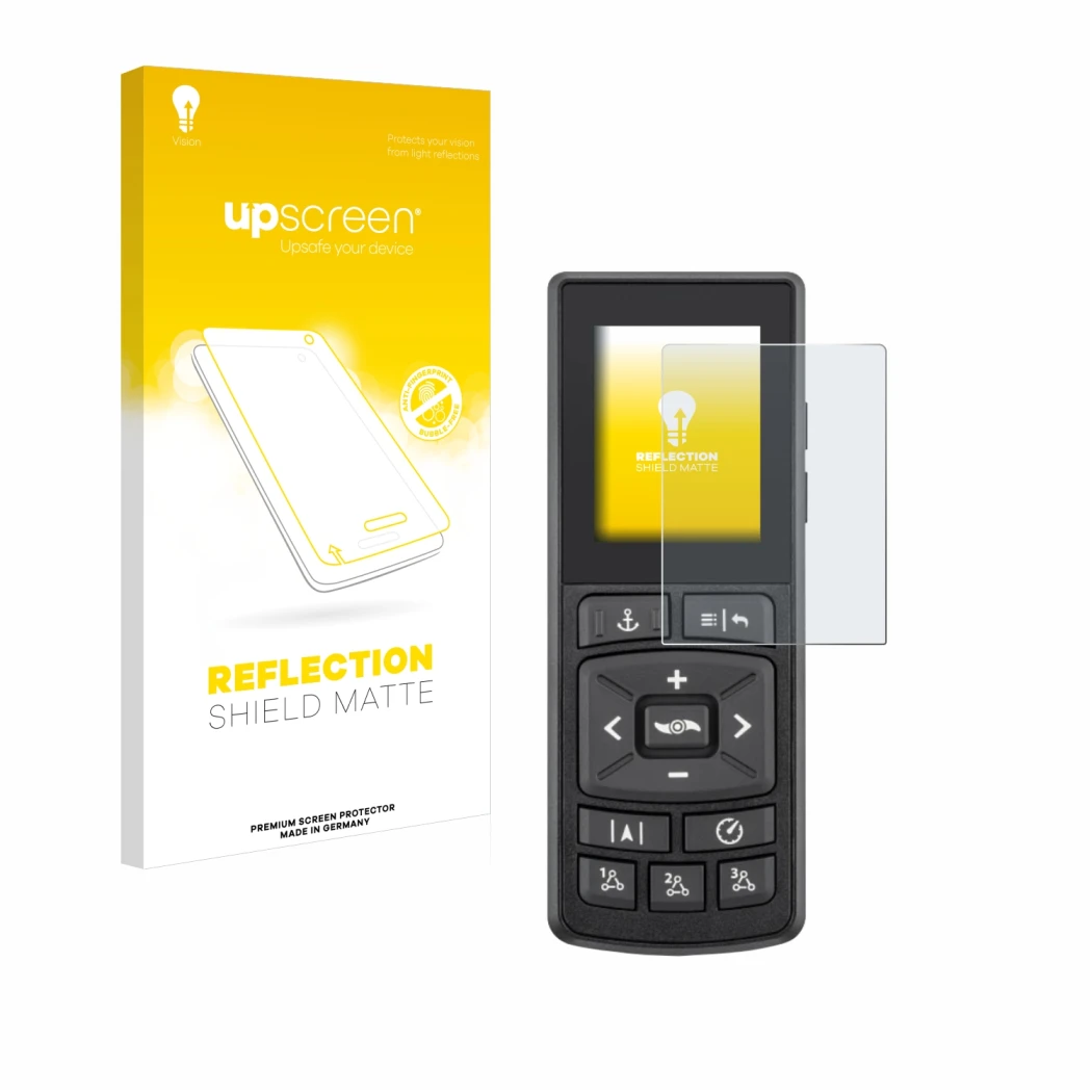 Parte frontal de un envase de producto con el logotipo de la marca upscreen. Al lado se muestra el dispositivo Minn Kota Advan