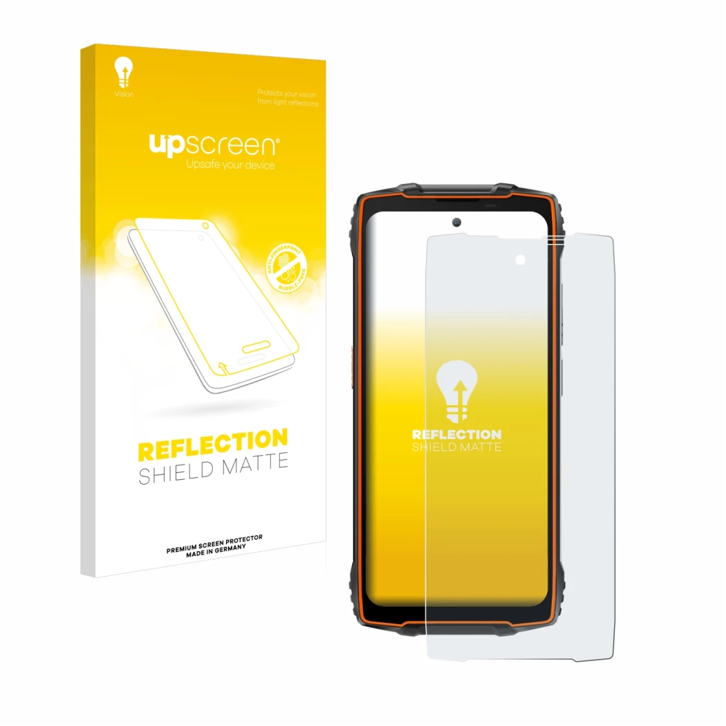Parte frontal de un envase de producto con el logotipo de la marca upscreen. Al lado se muestra el dispositivo Blackview BV820