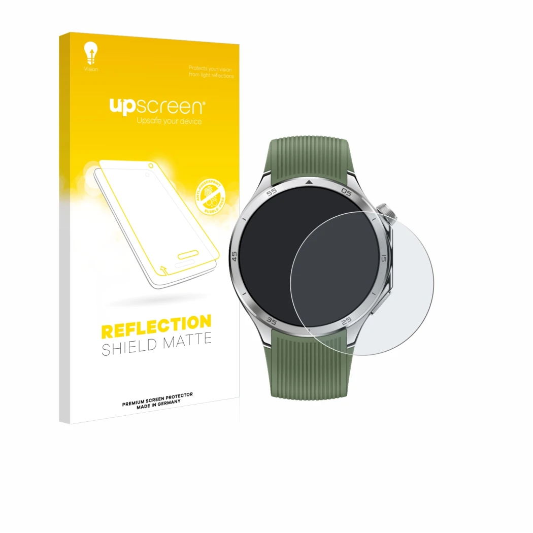 Parte frontal de un envase de producto con el logotipo de la marca upscreen. Al lado se muestra el dispositivo OnePlus Watch 3