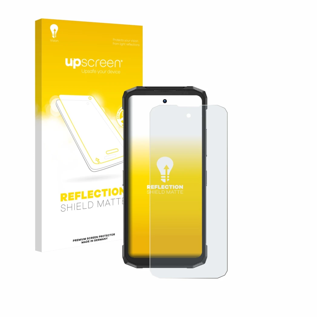 Parte frontal de un envase de producto con el logotipo de la marca upscreen. Al lado se muestra el dispositivo Doogee Fire 6 P