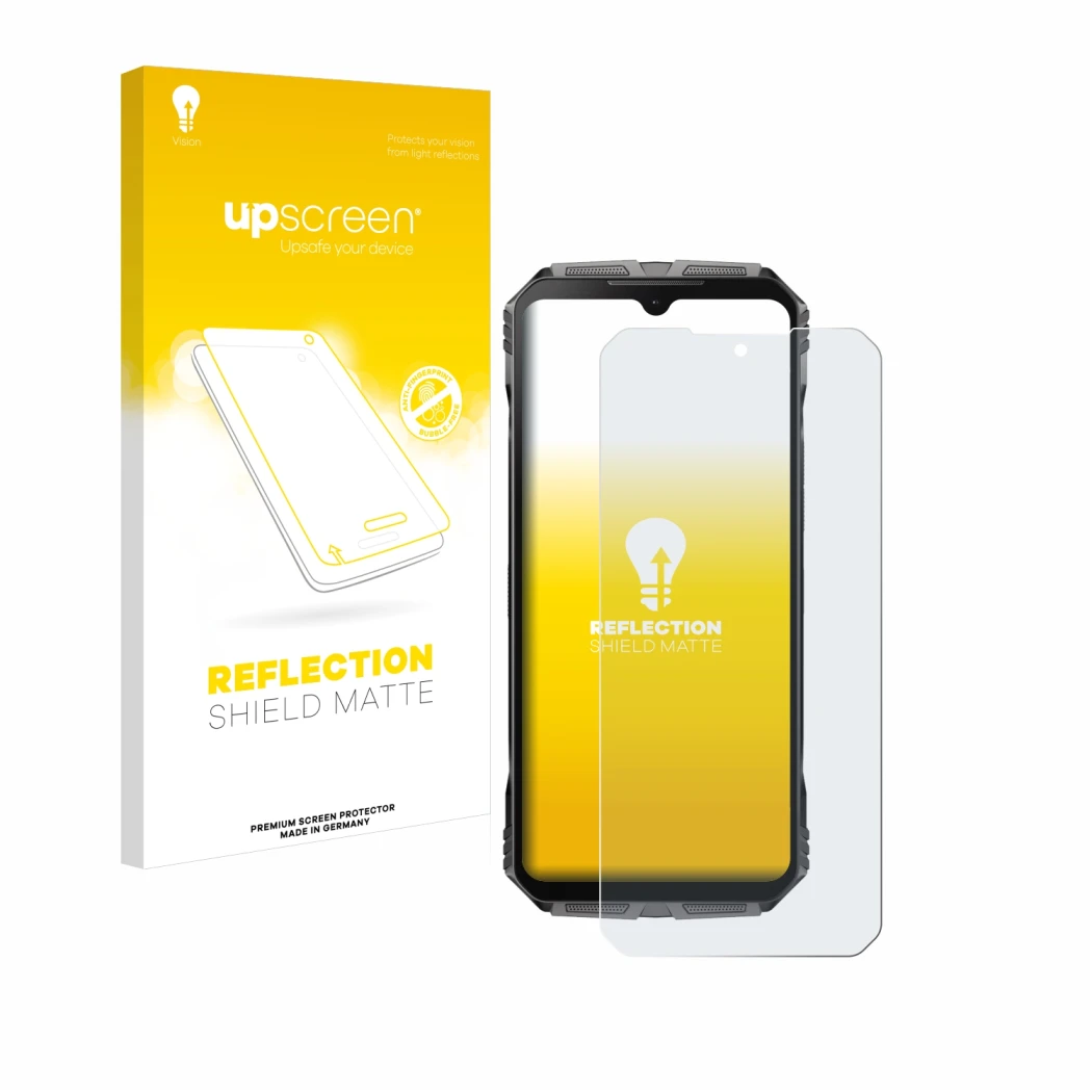 Parte frontal de un envase de producto con el logotipo de la marca upscreen. Al lado se muestra el dispositivo Doogee S Cyber 