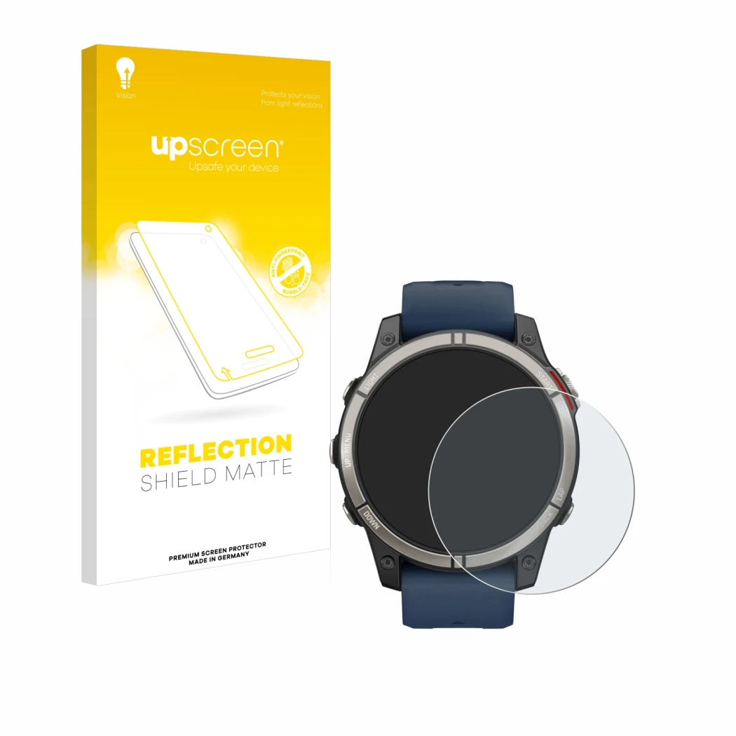 Parte frontal de un envase de producto con el logotipo de la marca upscreen. Al lado se muestra el dispositivo Garmin quatix 7