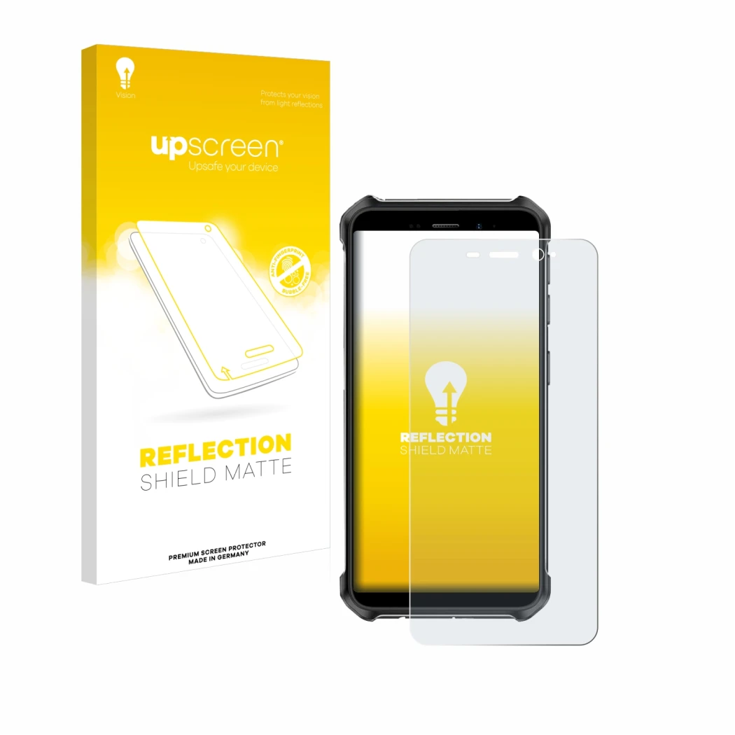 Parte frontal de un envase de producto con el logotipo de la marca upscreen. Al lado se muestra el dispositivo Ulefone Armor X