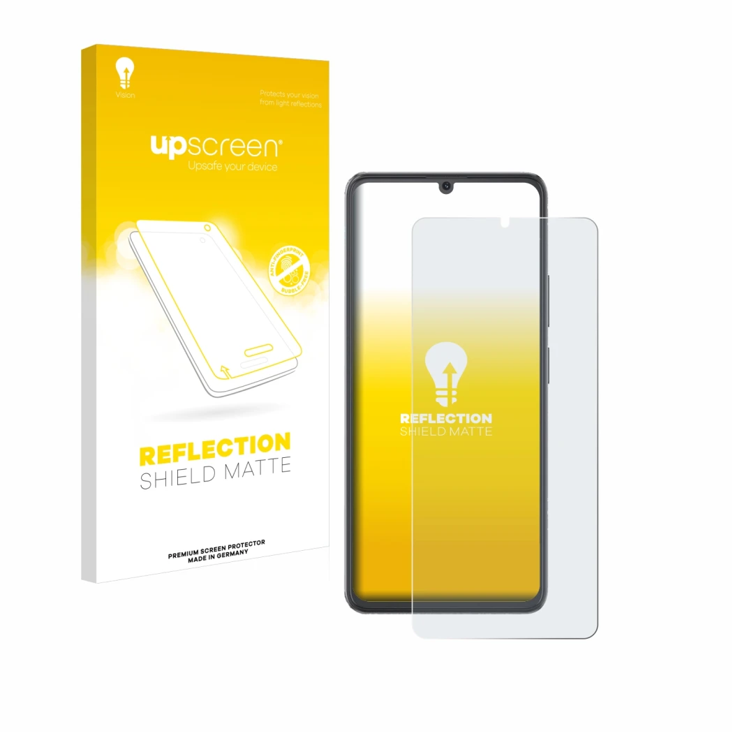 Parte frontal de un envase de producto con el logotipo de la marca upscreen. Al lado se muestra el dispositivo Cubot A20 con s