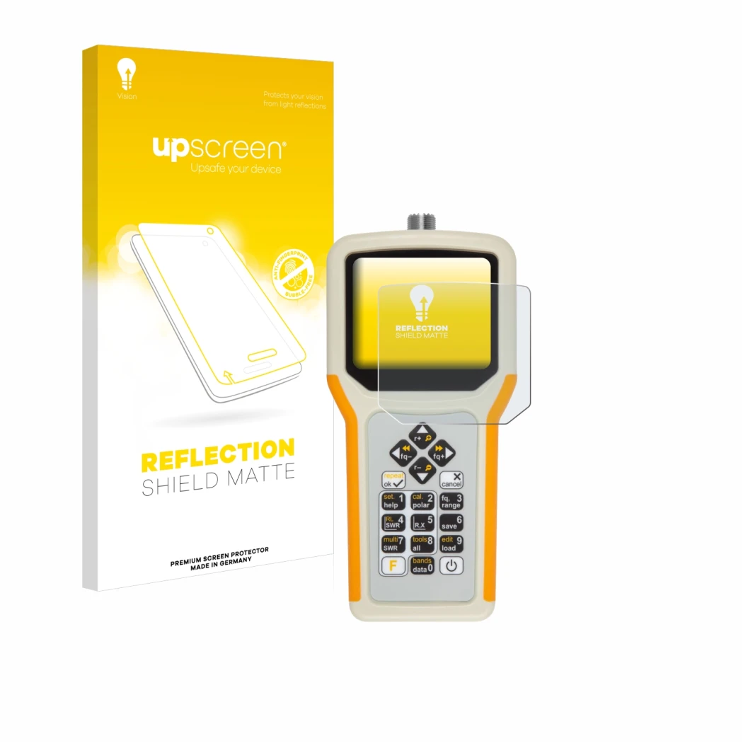 Parte frontal de un envase de producto con el logotipo de la marca upscreen. Al lado se muestra el dispositivo RigExpert AA-55