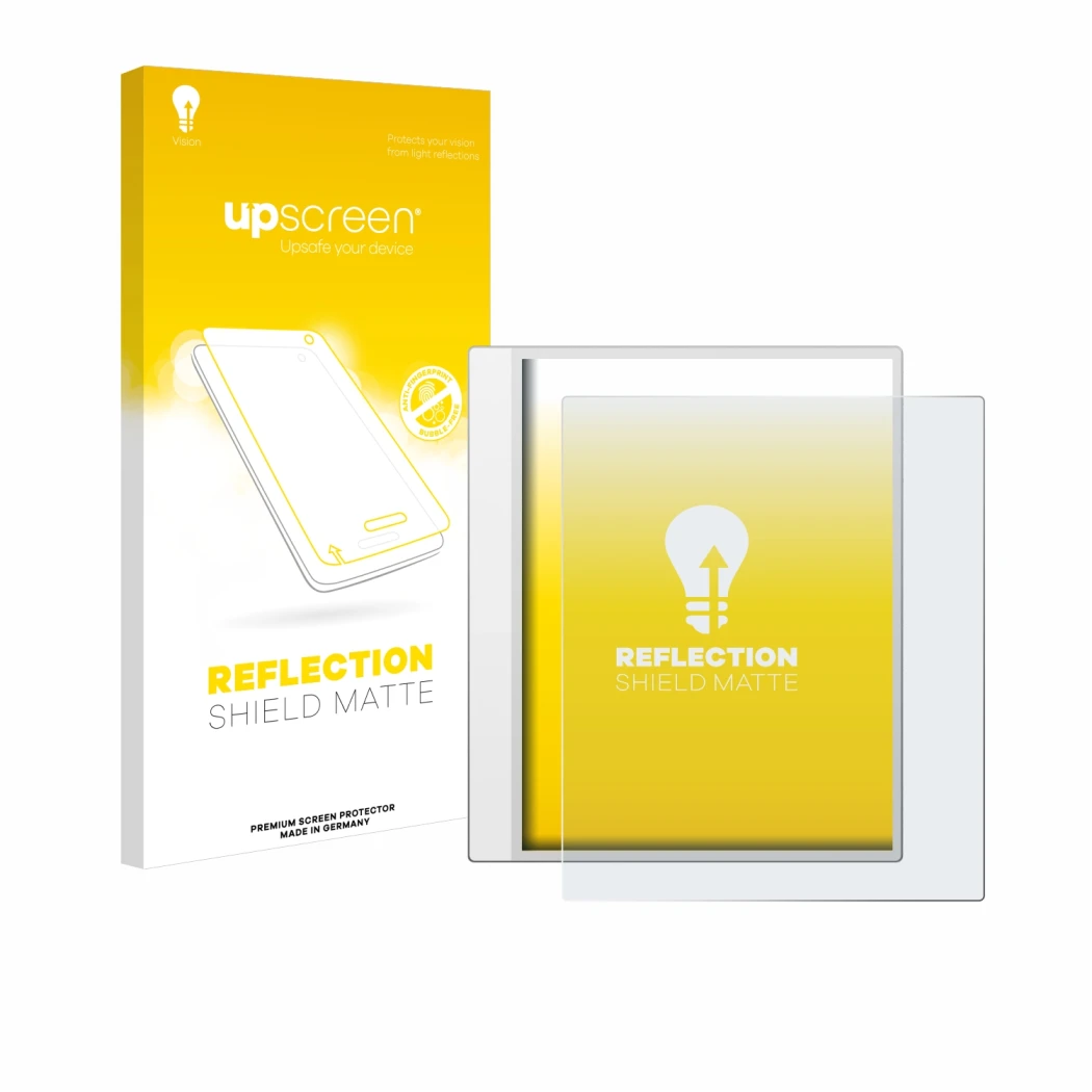 Parte frontal de un envase de producto con el logotipo de la marca upscreen. Al lado se muestra el dispositivo Boox Note Max c