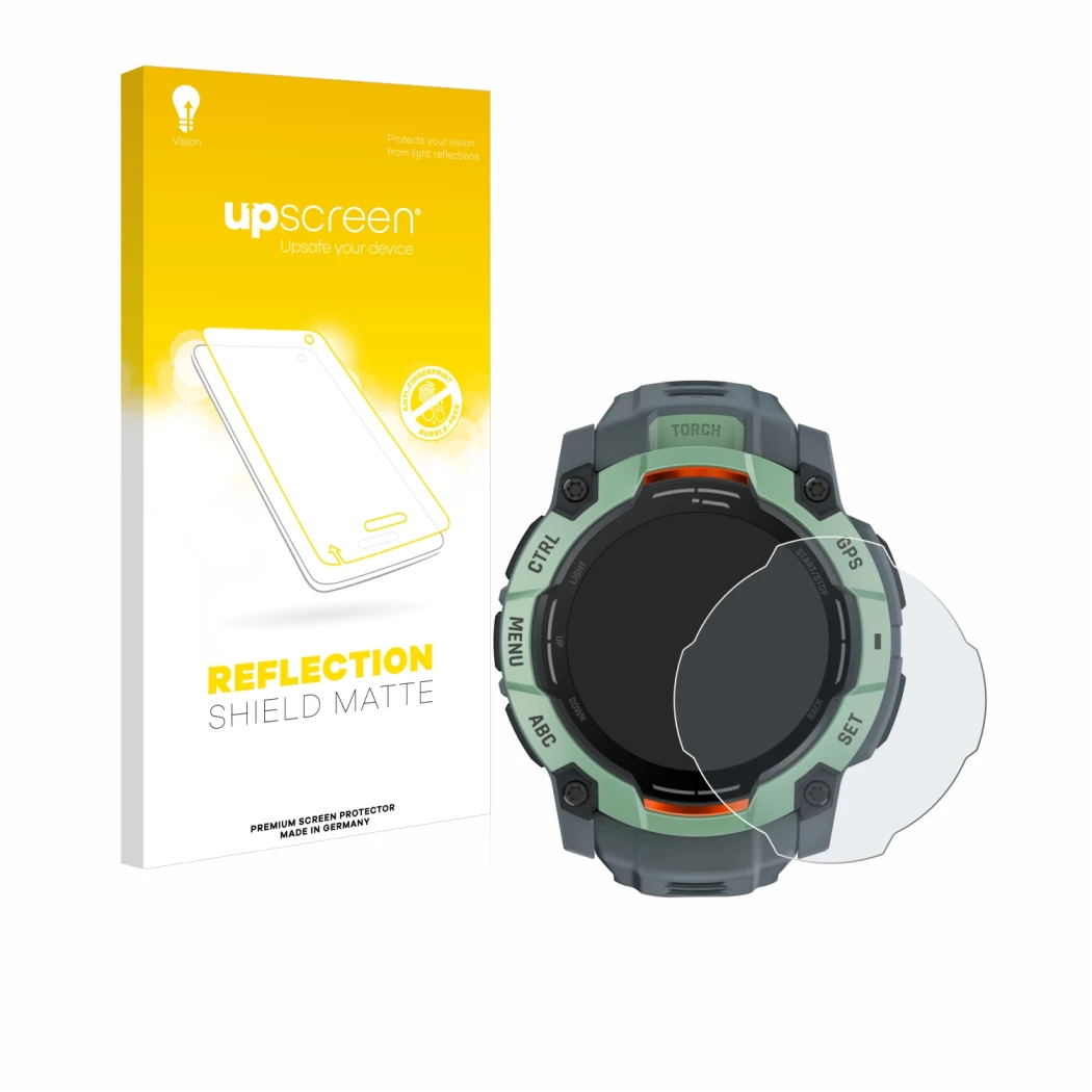 Parte frontal de un envase de producto con el logotipo de la marca upscreen. Al lado se muestra el dispositivo Garmin Instinct