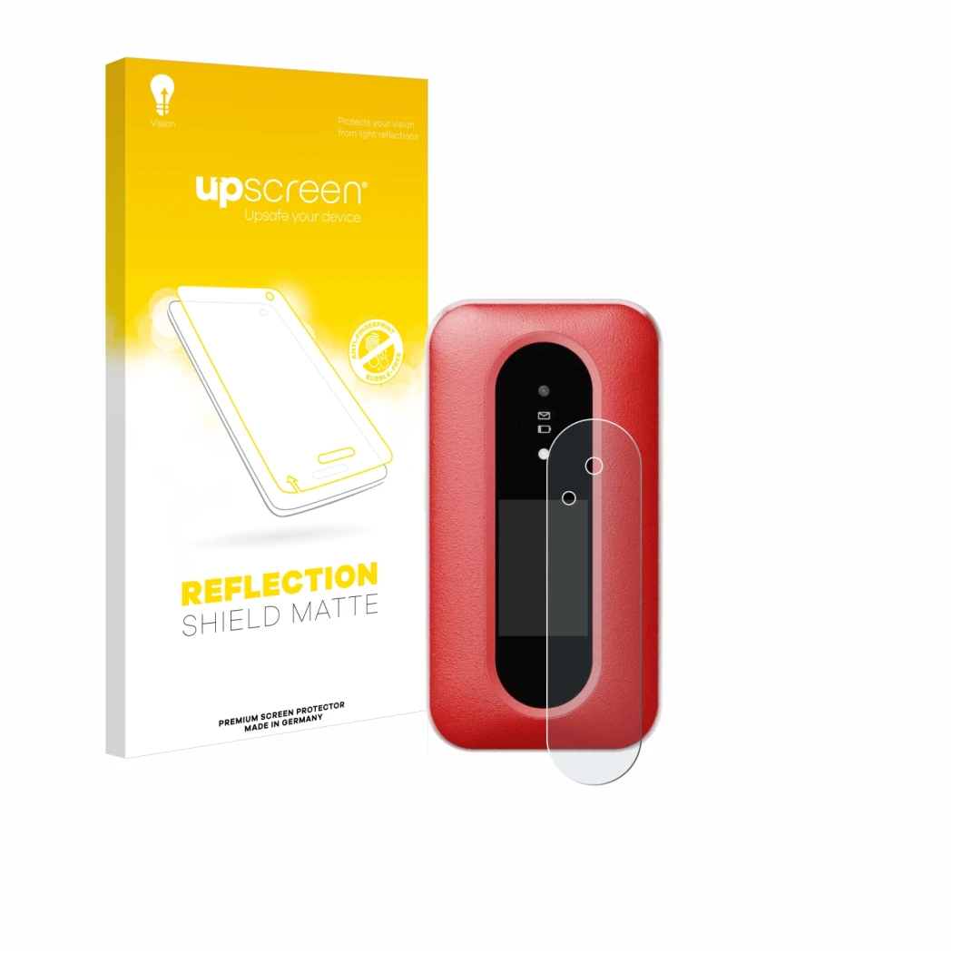 Parte frontal de un envase de producto con el logotipo de la marca upscreen. Al lado se muestra el dispositivo Doro Leva L30 (