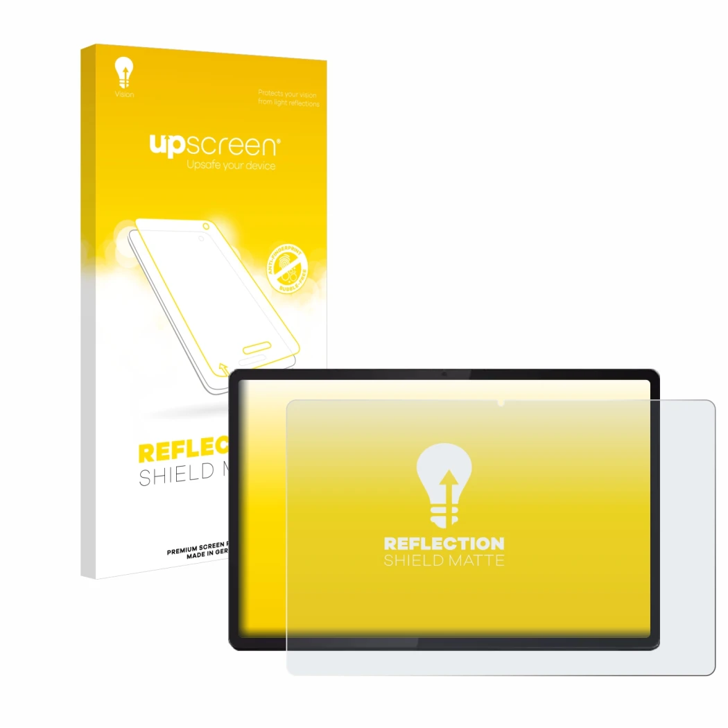Parte frontal de un envase de producto con el logotipo de la marca upscreen. Al lado se muestra el dispositivo Lenovo Idea Tab