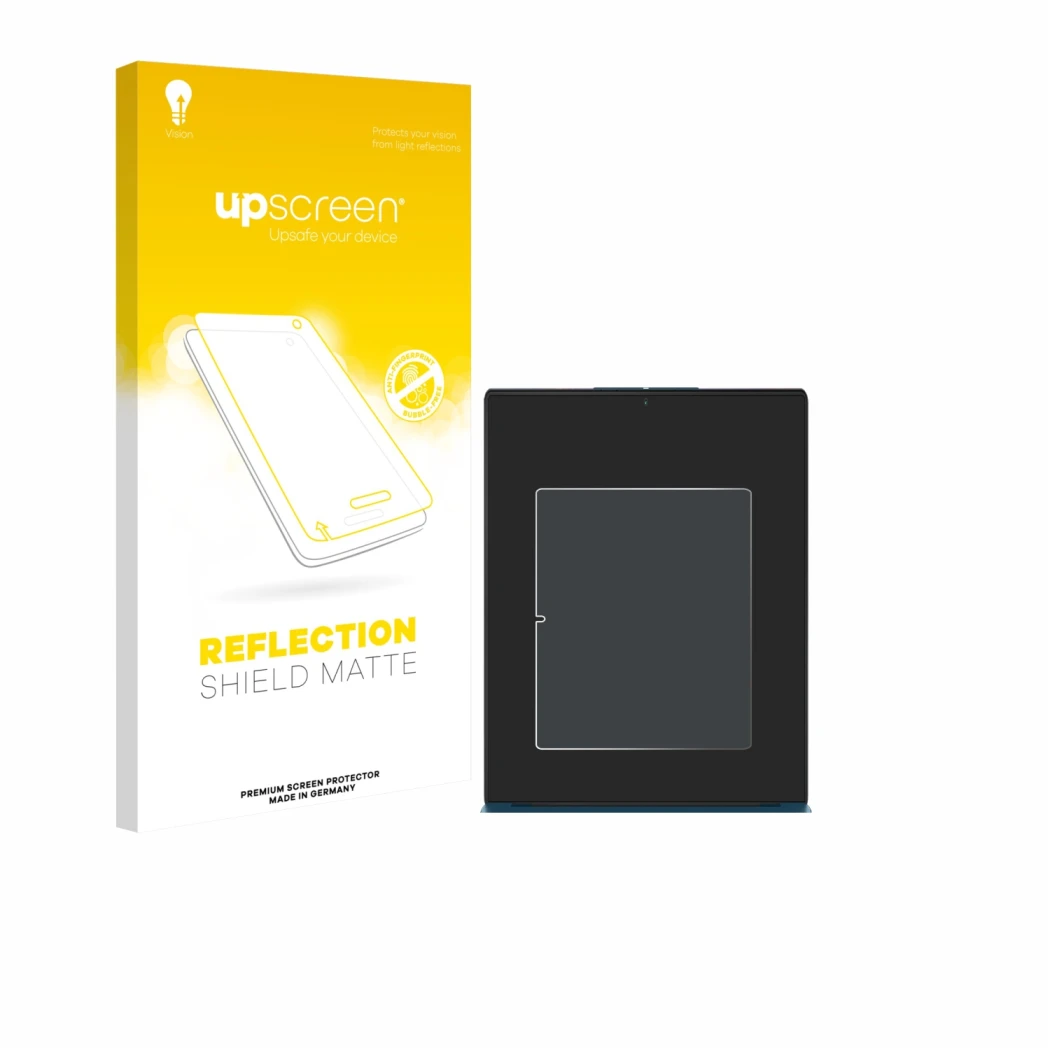 Parte frontal de un envase de producto con el logotipo de la marca upscreen. Al lado se muestra el dispositivo Lenovo Yoga Sli