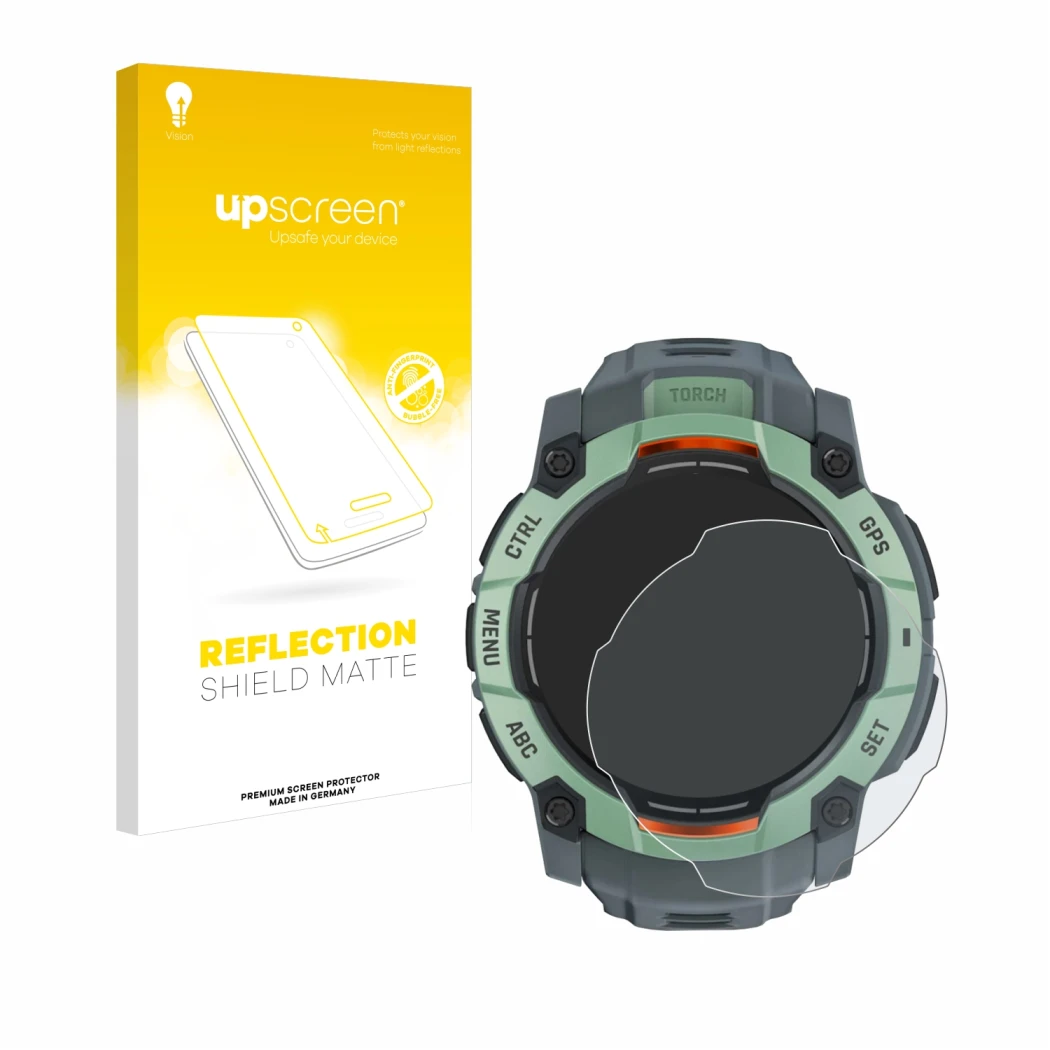 Parte frontal de un envase de producto con el logotipo de la marca upscreen. Al lado se muestra el dispositivo Garmin Instinct
